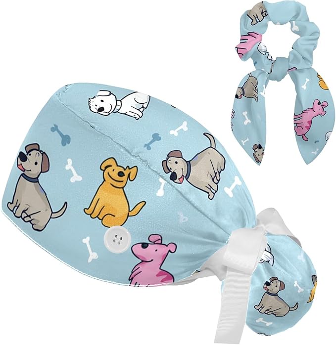 Scrub Caps Women Ponytail Cute Pink and White Leaves Caps Bouffant Working Hat Elastic Tie Back Hats with Button