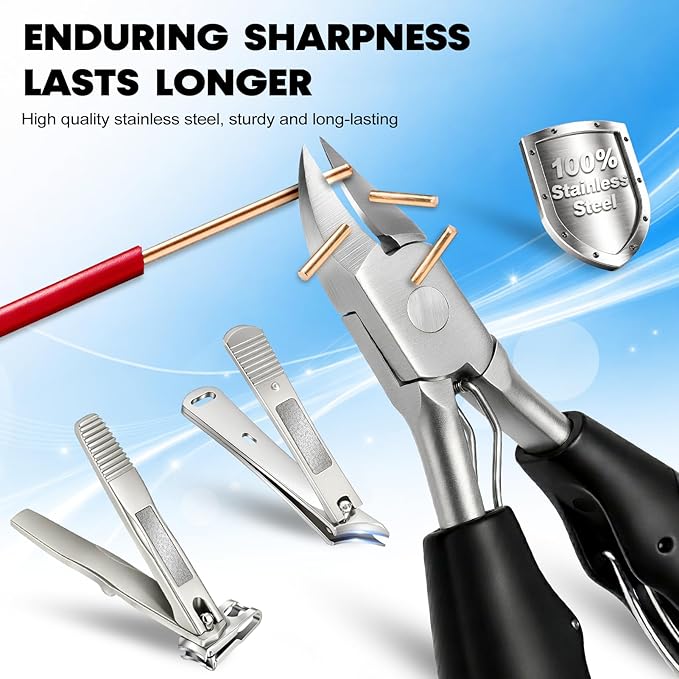 8-in-1 Heavy Duty Toenail & Fingernail Clippers for Seniors Men with Thick & Ingrown Nails - Manicure Pedicure Kit with 360° Swivel Head - Professional Wide Jaw Podiatrist Tools