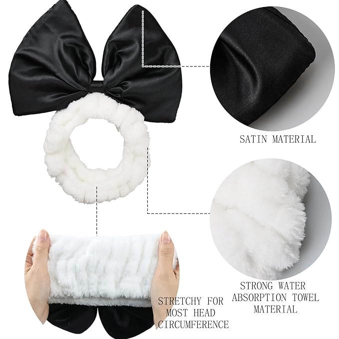 JIAHANG Large Bow Facial Spa Headband, Skincare Making Up Satin Bow Hairband for Women Girls