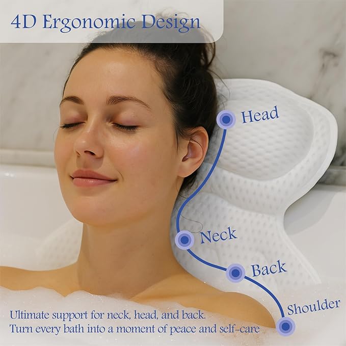 Bath Pillow for Tub Spa Gift Set for Women Luxury Bathtub Pillow for Neck & Back Support Soft 4D Mesh Non-Slip Suction Cups Relaxing Bath Accessories Spa Bath Sponge & Massage Brush