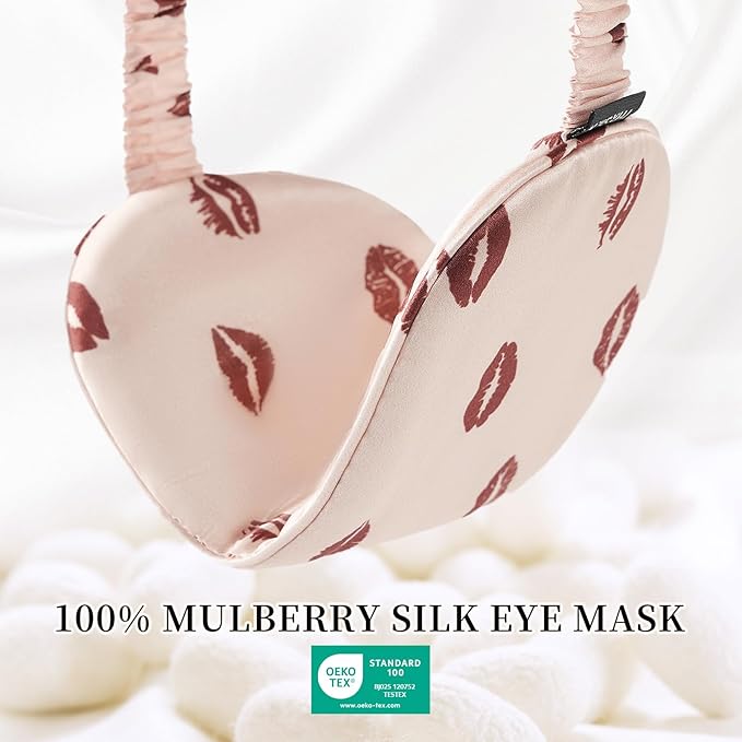 THXSILK Sleep Mask 100% 19 Momme Pure Mulberry Silk Super Smooth Cooling Decorative Sleep Eye Mask Blackout Eye Cover with Wide Head Strap, Sexy-Lip-Pink
