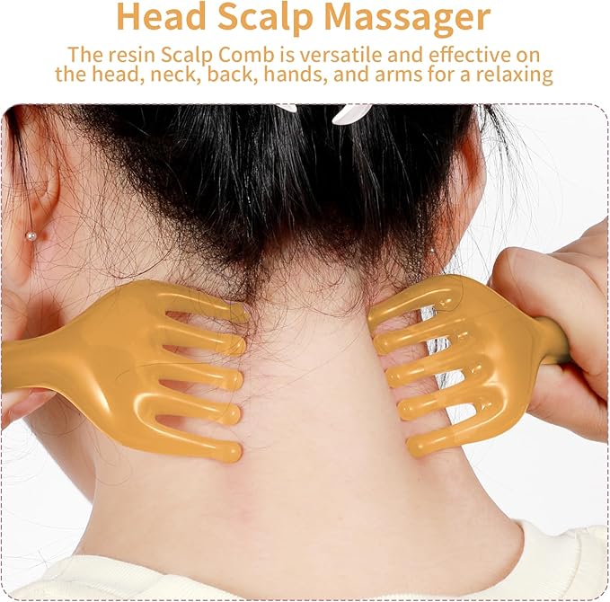 WY LIGHTING LEVEL 2Pcs Head Massager Manual Hair Scalp Massager Gua Sha Five Claw Massage Tool Comb Portable Handheld Resin Relax Tool for Father's Day Mother's Day Gifts (Amber)