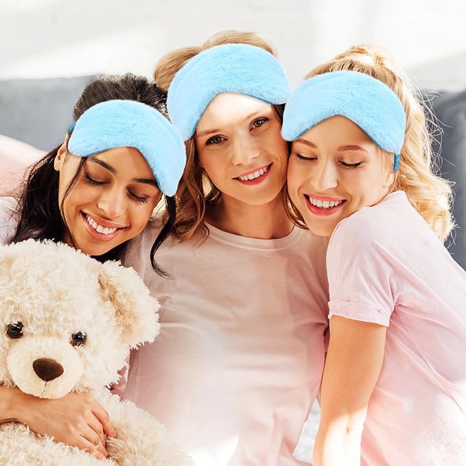 Jexine 24 Pcs Spa Slumber Party Headband Plush Sleep Eye Mask Bulk Bow Hair Band Makeup Headband for Sleepover Birthday Party Supplies Graduation Mother's Day Gift(Blue)