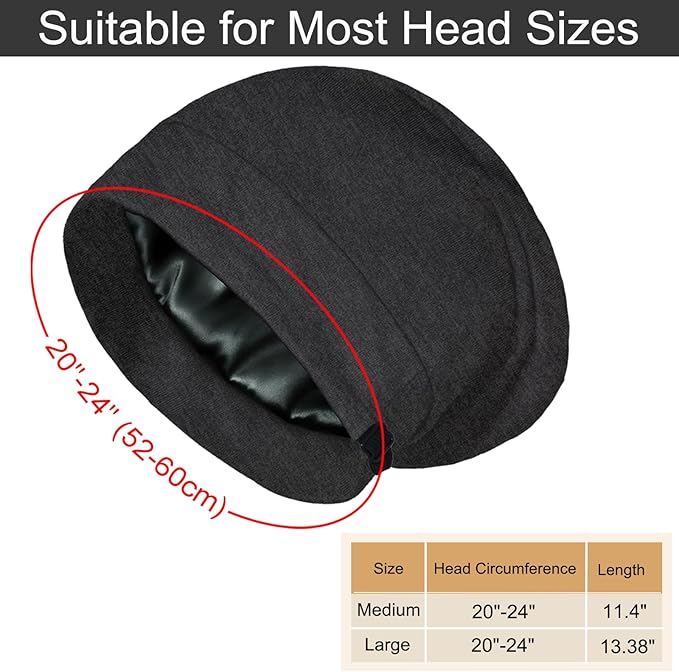 Satin Bonnet for Sleeping Night Cap, Adjustable Satin Lined Silk Bonnets Sleep Cap for Curly Hair Braids Beanie Black Women