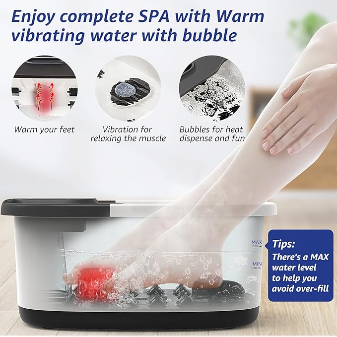 Mia&Coco Foot Bath Spa Soak Tub, Massager with Heat, Bubbles,Vibration,Auto & Manual Temperature Control & Pedicure Feet Spa, Warm Soothing Soak Relief with 22 Removable Rollers (Black&White)
