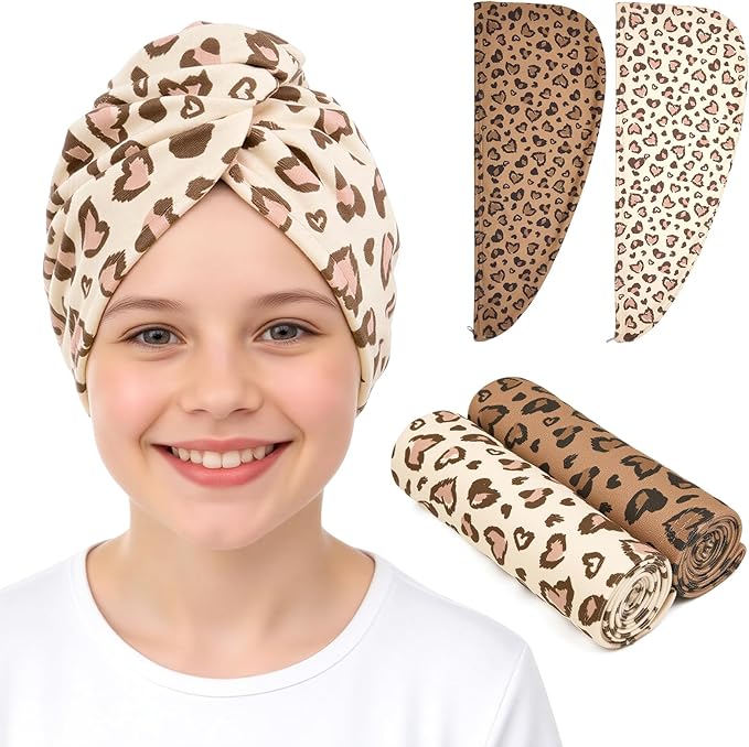 Unicorn Castle Microfiber Hair Towel for Kids 2Pack Hair Wrap Towels Absorbent Hair Drying Towel Wrap Hair Turbans for Curly Thick Hair,Brown Leopard Heart