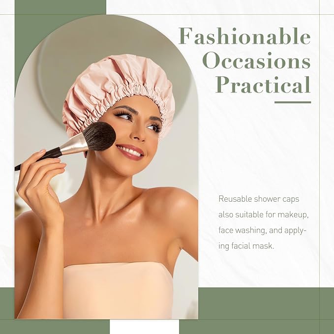 Reusable Shower Cap for Women, Large Waterproof Shower Bonnet Washable Elastic Band Bath Accessories Hair Hat for Long Hair, Braids(Beige)