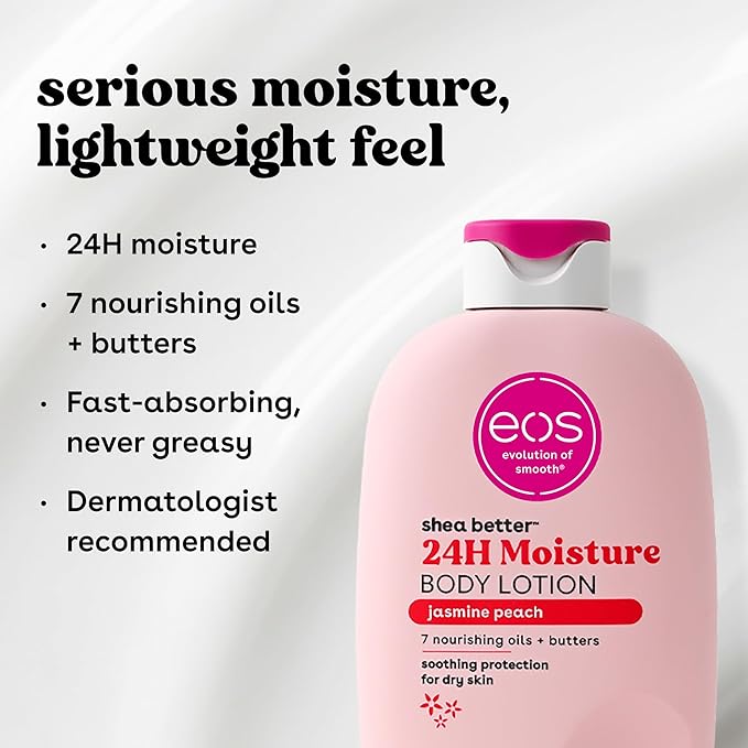 eos Shea Better Body Lotion Jasmine Peach, 24-Hour Moisture Skin Care, Lightweight & Non-Greasy, Natural Shea, Vegan, 16 fl oz