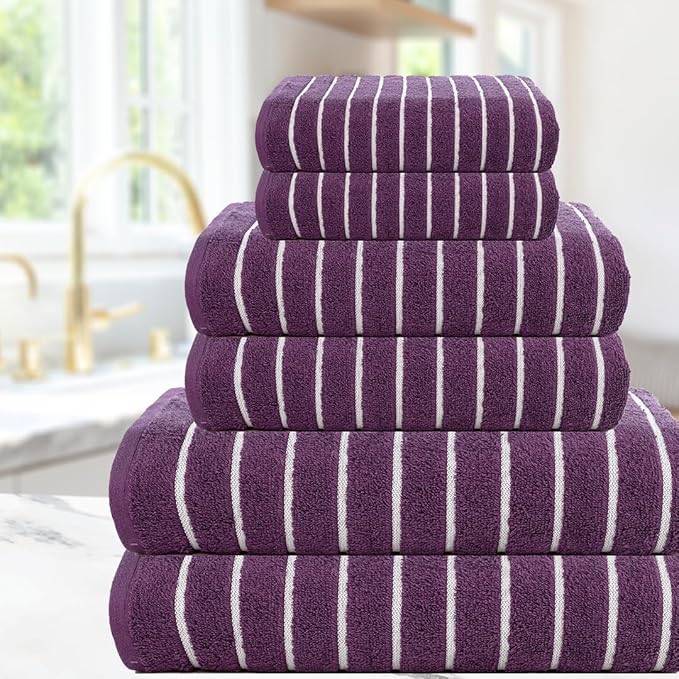 CASA COPENHAGEN Ecstatic 6Pcs 100% Egyptian Cotton Large Designer Towels Gift Set- Purple, 600GSM, 2Bath 2Hand 2Washcloths, Bath Towels for Bathroom Set for Women & Men