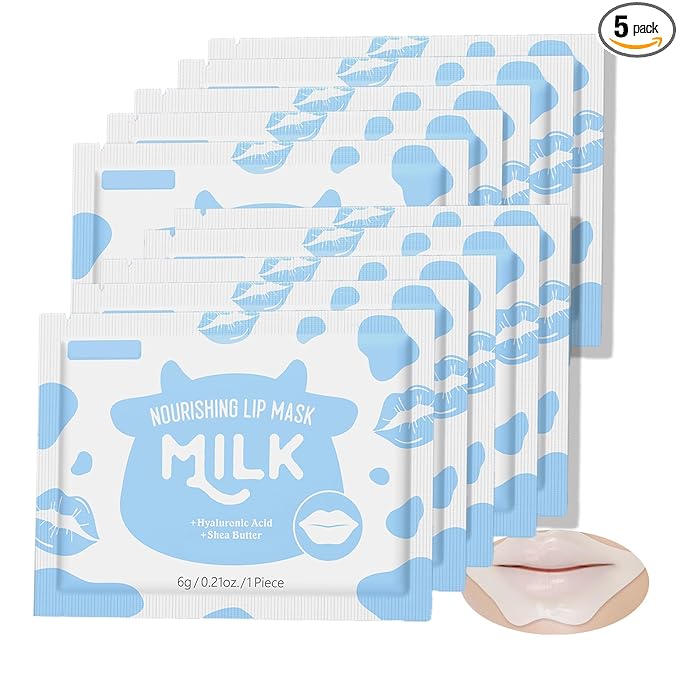 AKARY Milk 5 Pcs Moisturizing Lip Mask, Lip Sleep Gel Pads Mask Bulk for Moisturizing, Patches Let Skin Smoothing, Exquisite, Remove Dead Skin, Keep Plump & Wrinkle, for Dry or Chapped Lips (5)