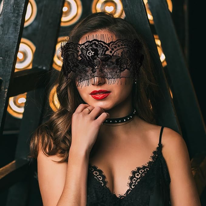 FRESHME Lace Blindfold Sleep Mask - Black Rosea Flower Embroidery See-Through Blind Fold Adjustable Eyes Covers for Women Couple Bed Night Sleeping Time Gift