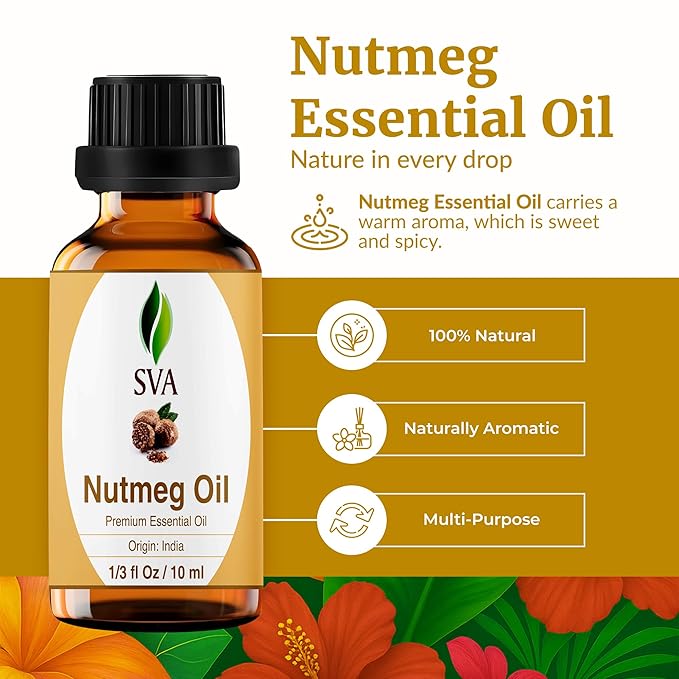 SVA Nutmeg Essential Oil – 1/3 Fl Oz – 100% Natural Nutmeg Oil - for Diffuser, Hair Care, Face, Skin Care, Aromatherapy, Scalp and Body Massage, Soap and Candle Making