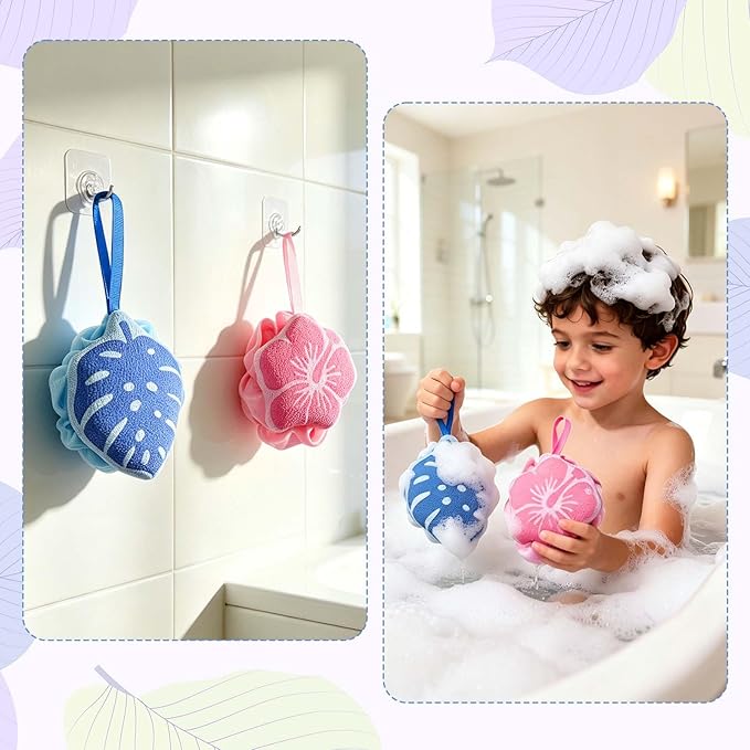 2Pcs Hawaiian Bath Sponge Loofah, Floral Leaf Shower Sponge Gentle Exfoliating Body Brush Tropical Print Bath Loofah,Loofah Sponge for Bathroom Beach Men Women and Children