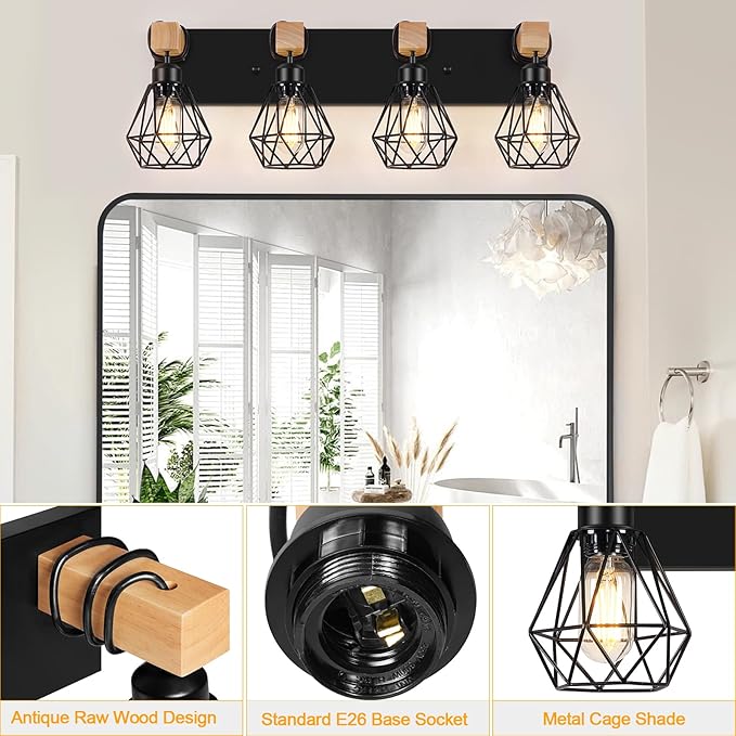 FadimiKoo 4-Light Farmhouse Bathroom Light Fixtures Over Mirror, Rustic Wood Vanity Light with Black Metal Cage Lampshade, Rustic Sconces Wall Lighting for Living Room, Bedroom, Hallway