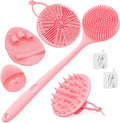 Manmihealth Silicone Back Scrubber & Soft Bath Glove, Silicone Scalp Massager Set 5 PCS, Super-Exfoliating Body Scrubber Shower Brush & Shampoo Brush Combination, with 2 Free Hooks (Style 1 Pink)