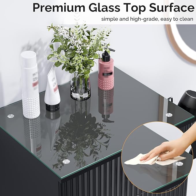 OmySalon Salon Station, Barber Station for Stylist, Hair Storage Cabinet with Glass Top & 4 Drawers & 3 Heat Resistant Tool Holders, For Beauty Spa, Salon, Black