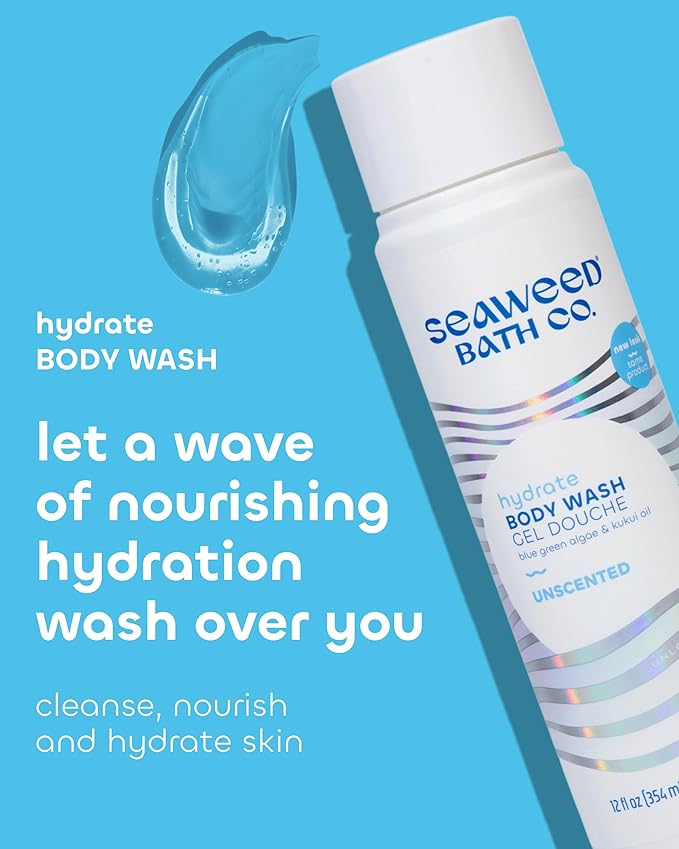 Seaweed Bath Co. Hydrate Body Wash - Unscented | Foaming Shower Gel Cleanser with Natural Ingredients | Fragrance Free and Gentle | Good For Sensitive Skin | 12 oz (Pack of 2)