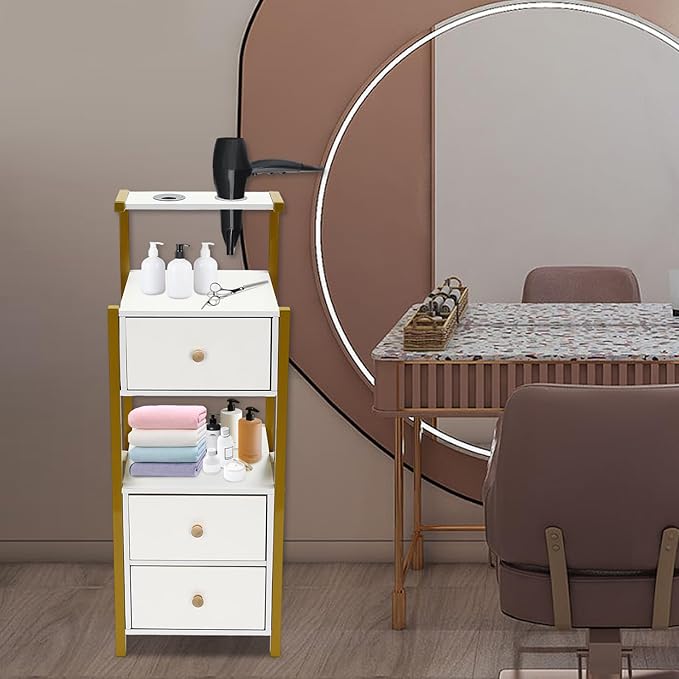 Beauty Salon Station Cabinet, Barber Station with 3 Drawer, Salon Organizer Storage Cabinet for Spa, Barber Store, Salon, Locker Room, Bathroom (White, Golden)