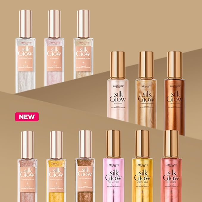 Absolute New York - Silk Glow Shimmer Mist Glow, Radiant, Shimmer Body & Face & Hair, Shea Butter, Coconut Oil, Vitamin E (SBGS15 Majestic Gold Gel, 3.4 fl oz)
