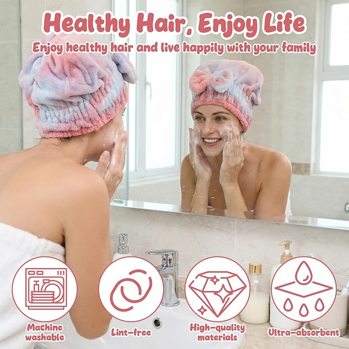 Xinjoduz Absorbent Hair Towel Wrap, Microfiber Hair Towel Wrap for Women, Quick-Drying Hairs Turban Towels, Soft Hairs Drying Cap for Wet, Pink