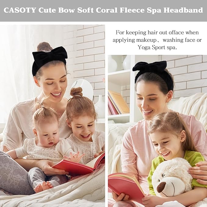 Casoty 12 Pcs Black Spa Headbands, Hair Holder for Washing Face, Soft Coral Fleece Facewash Headband, Bow Hair Bands, Skin Care Headband for Face Washing Shower Skin Care Yoga