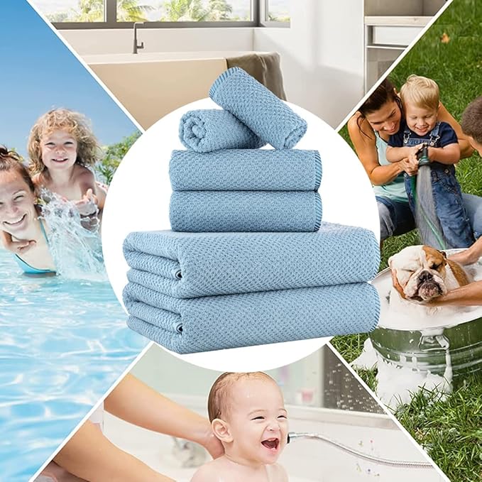 CASA COPENHAGEN Popcorn 6Pcs 100% Egyptian Cotton Large Designer Towels Gift Set- Dusty Blue, 600GSM, 2Bath 2Hand 2Washcloths, Bath Towels for Bathroom Set for Women & Men