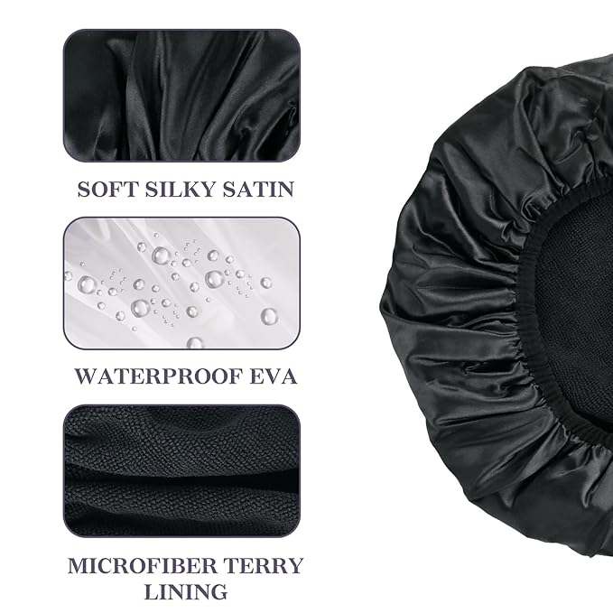Three-Layer Terry Cloth Lined Satin Shower Cap, with Silk Hair Ties, Microfiber Waterproof Reusable Large Size Shower Cap for Women Long Thick Hair (Black)