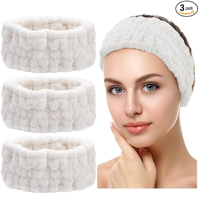 Chuangdi 3 Pieces Headband Set - Elastic Head Wrap for Makeup, Washing Face, Yoga, Sports, Shower, Women and Girls (White)