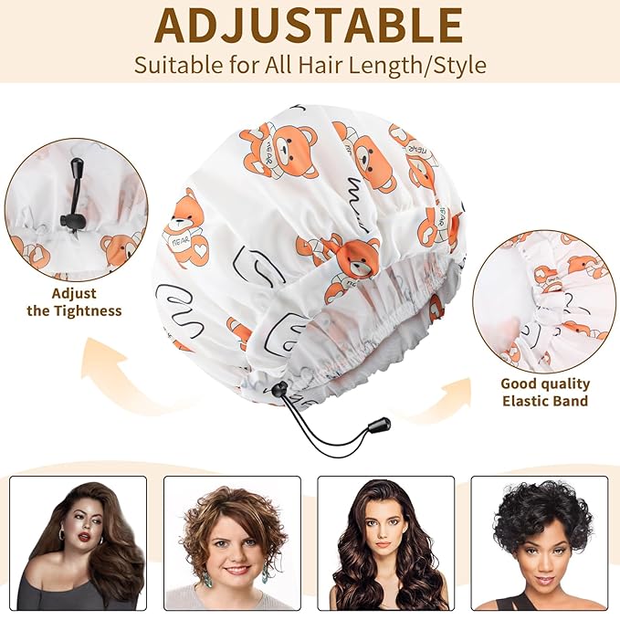 3 PCS Shower Caps for Women, Upgrade Comfortable & Extra Large & Double Layers Waterproof Bath Cap, Oversized Designed Adjustable Hem Hair Cap for All Hair Lengths/Style