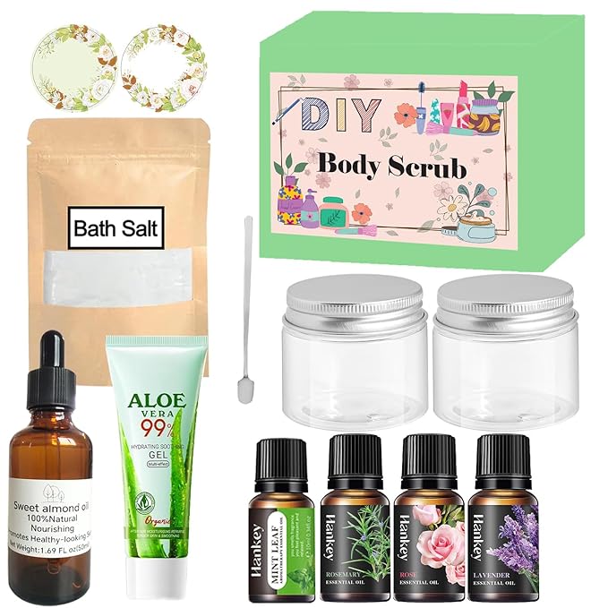 Body Scrub Making Kit- Make Your Own Salt Body Scrub set with Almond Oil, Essential Oils, Moisturizing and Exfoliating Dry Skin, Hand, Foot, DIY Organic Body Scrubs Gifts For Women & Men