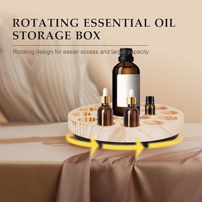 VolksRose Rotating Essential Oil Organizer - Wooden Bottle Storage with 22 Holes for 5ml/15ml/100ml, Pinewood Fragrance Stand for Roller Bottles, Perfume - Home Spa Nail Polish Display Stand