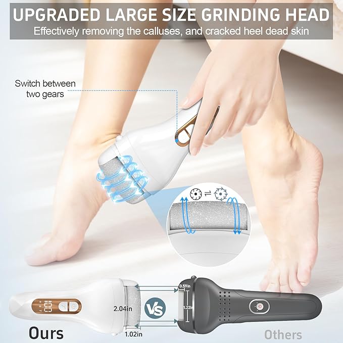 Electric Callus Remover for Feet,Professional Pedicure Kit Rechargeable Foot File Hard Skin Remover for Cracked Heels &Dead Skin,with 3 Roller Heads 2 Speed(White N9)