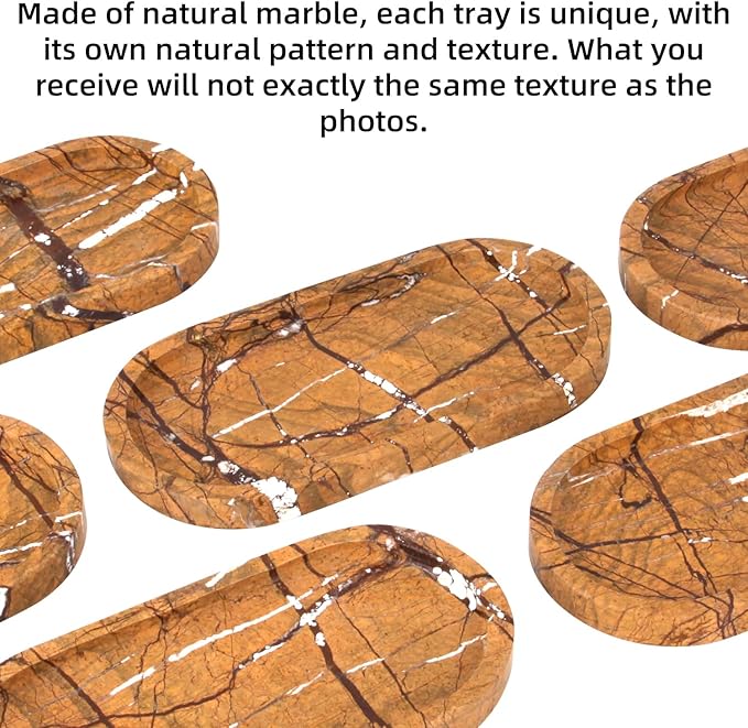Natural Marble Tray Oval, Bathroom Vanity Tray for Countertop, Elegant Stone Decorative Organizer for Perfume, Jewelry, Home Decor (1, Rainforest Brown, 10 x 5 x 0.6)