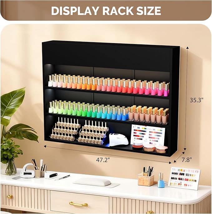 OmySalon Wall Mounted Display Rack, 47.6-Inch 3-Tier LED Nail Polish Organizer Shelf with USB Touch Control, for Nail Salon, Spa, Beauty Studio Storage, Wooden Retail Display (Black)