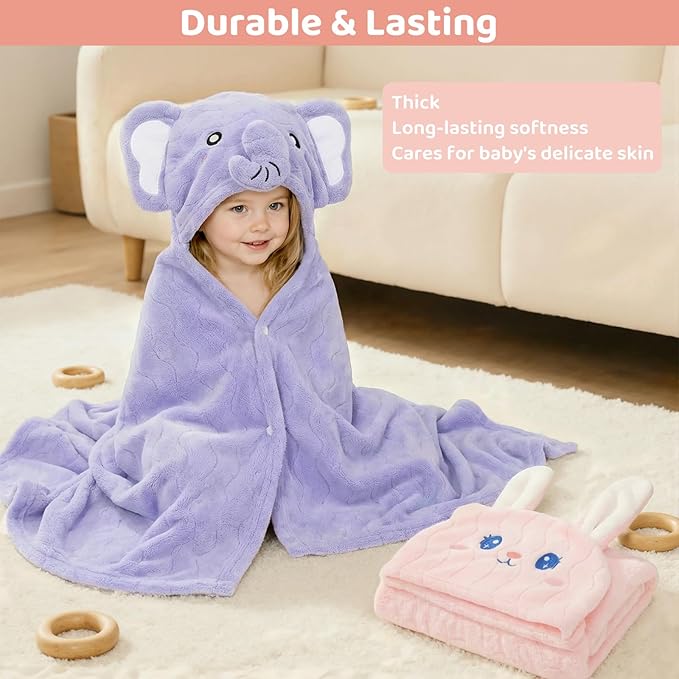 6 PCS Toddler Bath Towel Set for Boy Girl 0-5 Year, 2 PCS Thick Absorbent Hooded Baby Bath Towels Large 55" x 27.5" & 4 PCS Washcloths, Ultra Soft Gifts for Infant, Toddler, Kids, Rabbit & Elephant