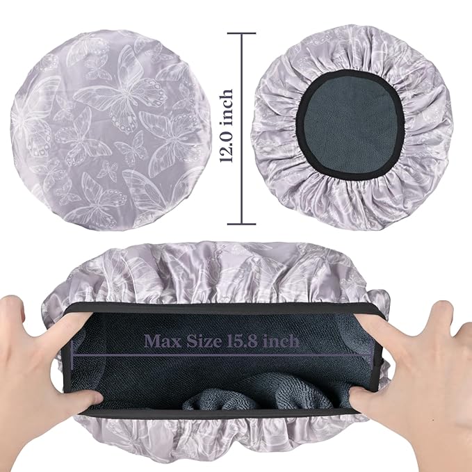 White Butterfly Print Satin Shower Cap, Three-Layer Terry Cloth Lined, with Silk Hair Ties, Microfiber Waterproof Reusable Large Size Shower Cap for Women Long Thick Hair
