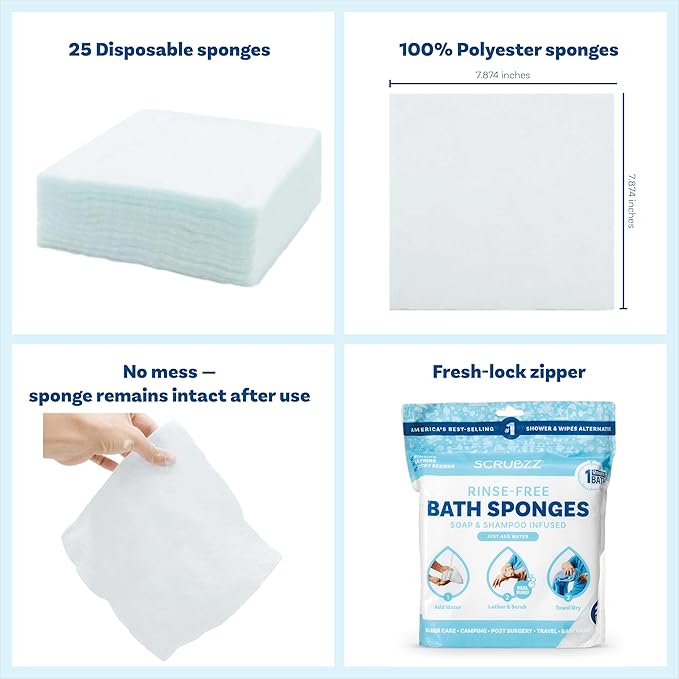 Scrubzz Disposable Rinse Free Bathing Wipes - 25 Pack - All-in-1 Single Use Shower Wipes, Simply Dampen, Lather, and Dry Without Shampoo or Rinsing