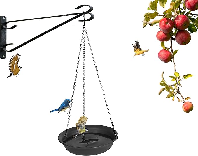VUWEZ Hanging Bird Bath, Hanging Bird Water Feeder for Outdoors, Feeder Bowl, 1 Pack Birdbath Tray Accessories for Outside, Plastic Birdbaths Tray for Garden Patio Decoration (8", Dark Black)