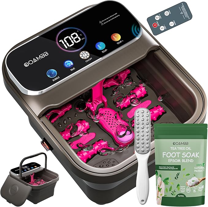 OOAMBB Collapsible Foot Spa with Heat, Bubble,Temp Control,Remote Control, Color Touch Screen Foot Bath Massager with 6 Massage Rollers,Foot Soaking Tub (Deep Grey+Green)