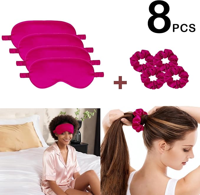 Satin Eye Mask 8Pcs Silk Sleep Masks Silky Blindfold Eyeshade Blackout Eyes Cover Scrunchies Hair Ties Travel Wedding Gifts