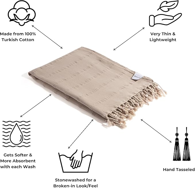 InfuseZen Stonewashed Turkish Bath & Beach Towel –100% Organic Turkish Cotton - Soft, Lightweight, Absorbent - Quick Dry, Sand Free - Swim, Pool, Shower, Travel - Peshtemal, Hammam Spa Towel - Beige