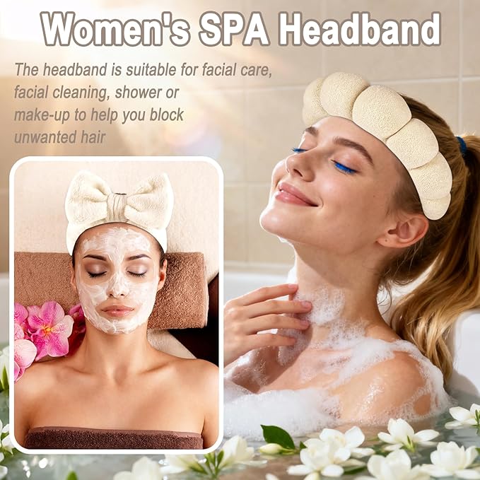 Zkptops 6Pcs Spa Headband for Washing Face Wristbands Set Women Bubble Makeup Sponge Terry Cloth Padded Puffy Skincare Headband Bow Tie Hairband Cute Non Slip Thick Hair Accessory Gifts (Beige)