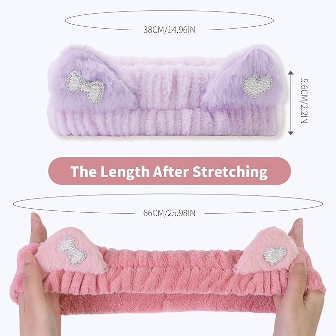 Spa Headband for Washing Face, 2 Pack Cute Cat Ear Hair Band for Shower Yoga Beauty, Fluffy Makeup Headband, Kawaii Facial Headbands for Woman Girls, Dark Pink+Purple Heart