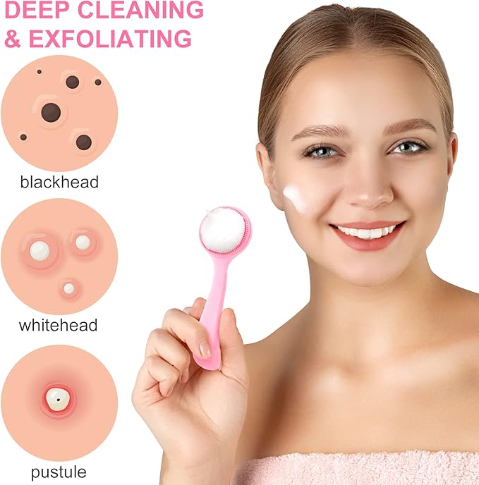 HINZIC 2 Pack Silicone Manual Facial Cleansing Brush, Skin Friendly Waterproof Face Cleaning Scrubber Exfoliator Cleanser for Blackheads Whiteheads Makeup Residues Removal- Blue & Pink