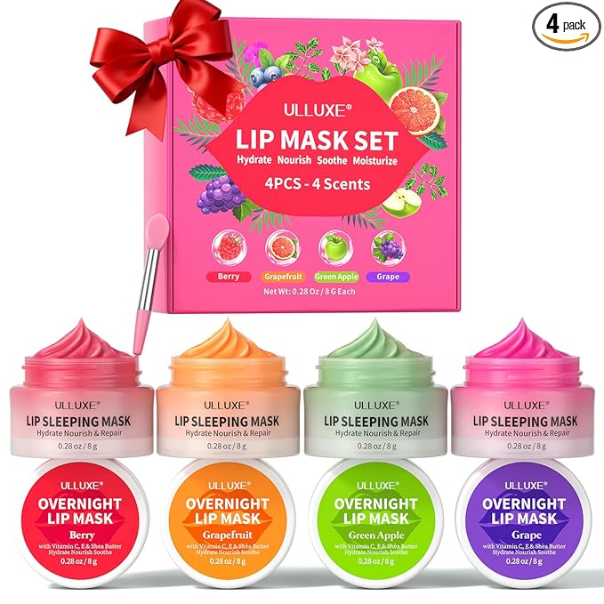 Lip Mask Set 4 Pcs, Mothers Day Gifts for Mom, Wife, Lip Care Products for Women & Teen Girls, Overnight Lip Masks to Hydrate, Nourish & Soften Lips, Lip Sleeping Mask to Moisturize Cracked Lips