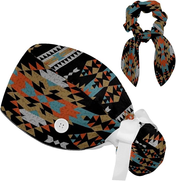Ethnic Aztec Pattern Adjustable Scrub Cap Hat with Button, Working Hat Sweatband with Bow Hair Scrunchy for Woman
