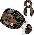 Ethnic Aztec Pattern Adjustable Scrub Cap Hat with Button, Working Hat Sweatband with Bow Hair Scrunchy for Woman