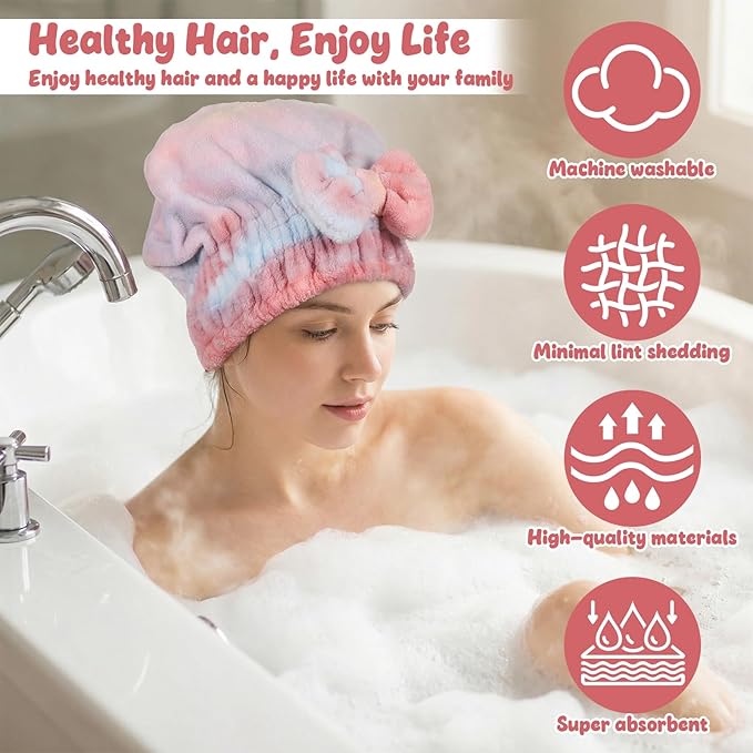 Xinjoduz Absorbent Hair Towel Wrap, Microfiber Hair Towel Wrap for Women, Quick-Drying Hairs Turban Towels, Soft Hairs Drying Cap for Wet, Pink