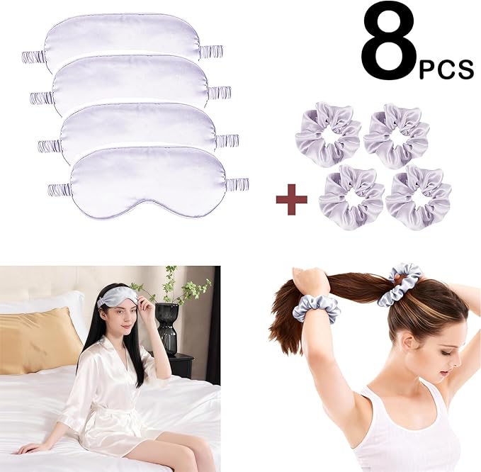 Satin Eye Mask 8Pcs Silk Sleep Masks Silky Blindfold Eyeshade Blackout Eyes Cover Scrunchies Hair Ties Travel Wedding Gifts