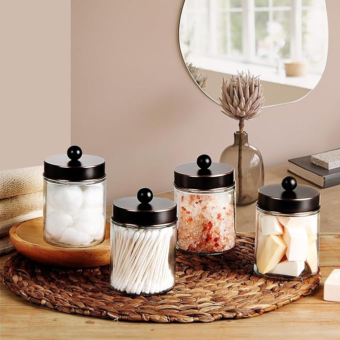 Amolliar 6 Pack Apothecary Jars Bathroom Vanity Organizer- Rustic Farmhouse Decor Storage Canister with Stainless Steel Lids- Qtip Dispenser Holder for Cotton Swabs, Rounds,Ball, Flossers (Bronze)
